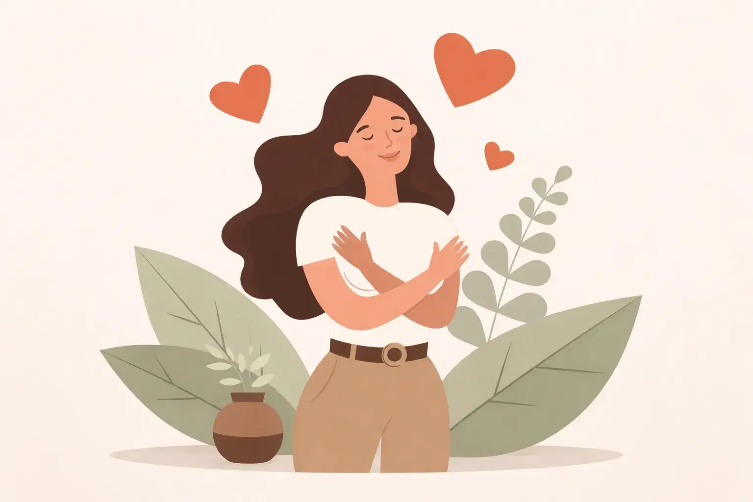 Illustration représentant une femme se prenant dans ses bras, symbolisant la bienveillance envers soi et la reconstruction après un burn-out.