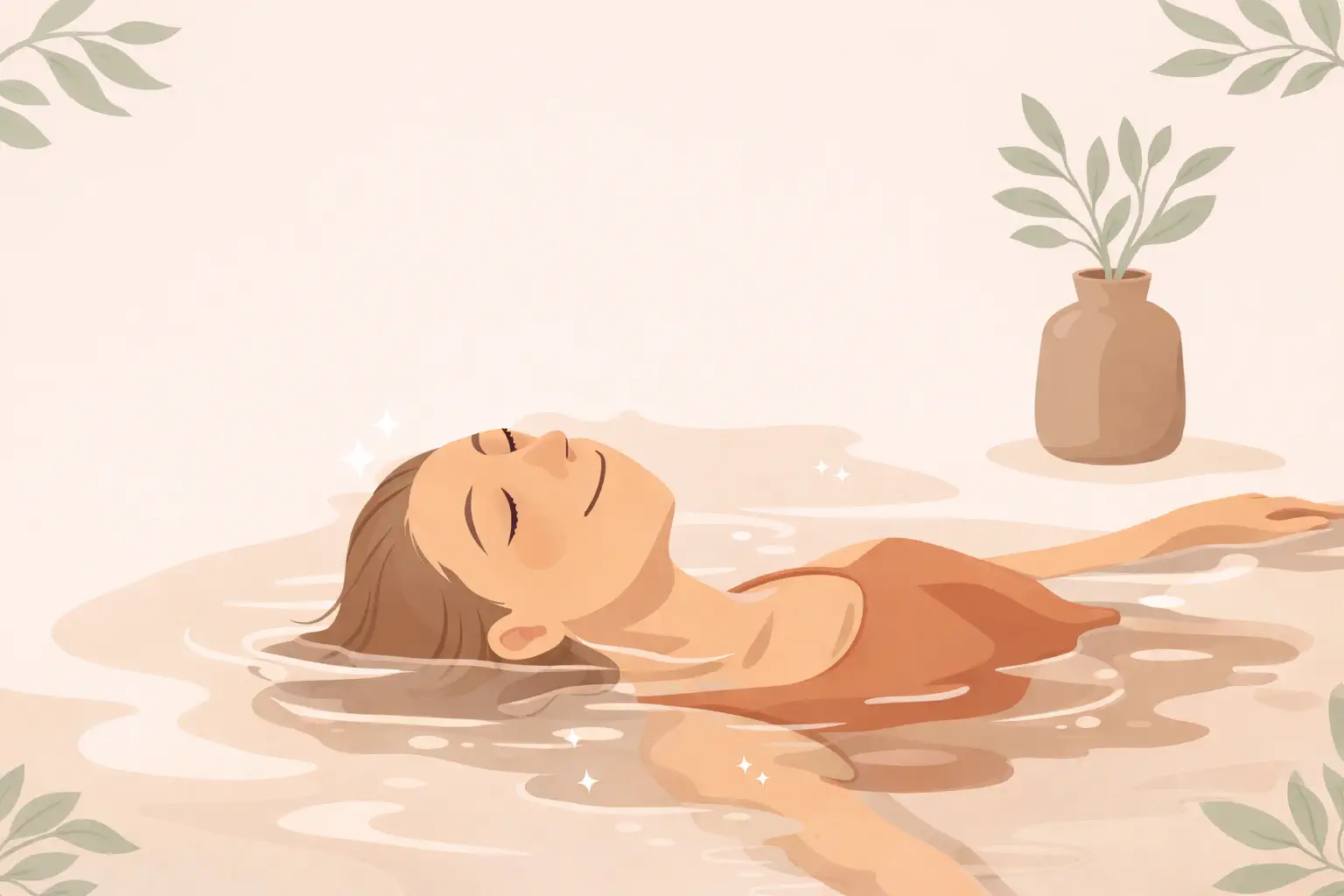 Illustration du silence après un burn-out : une femme flotte calmement, les yeux fermés, pour apaiser un mental surmené