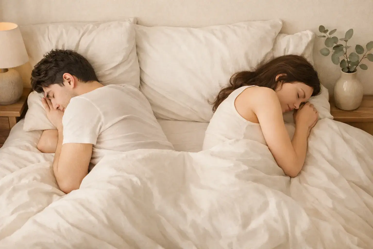 Burn-out et baisse de libido : couple allongé dos à dos dans un lit, illustrant la distance émotionnelle et la fatigue dans le couple.