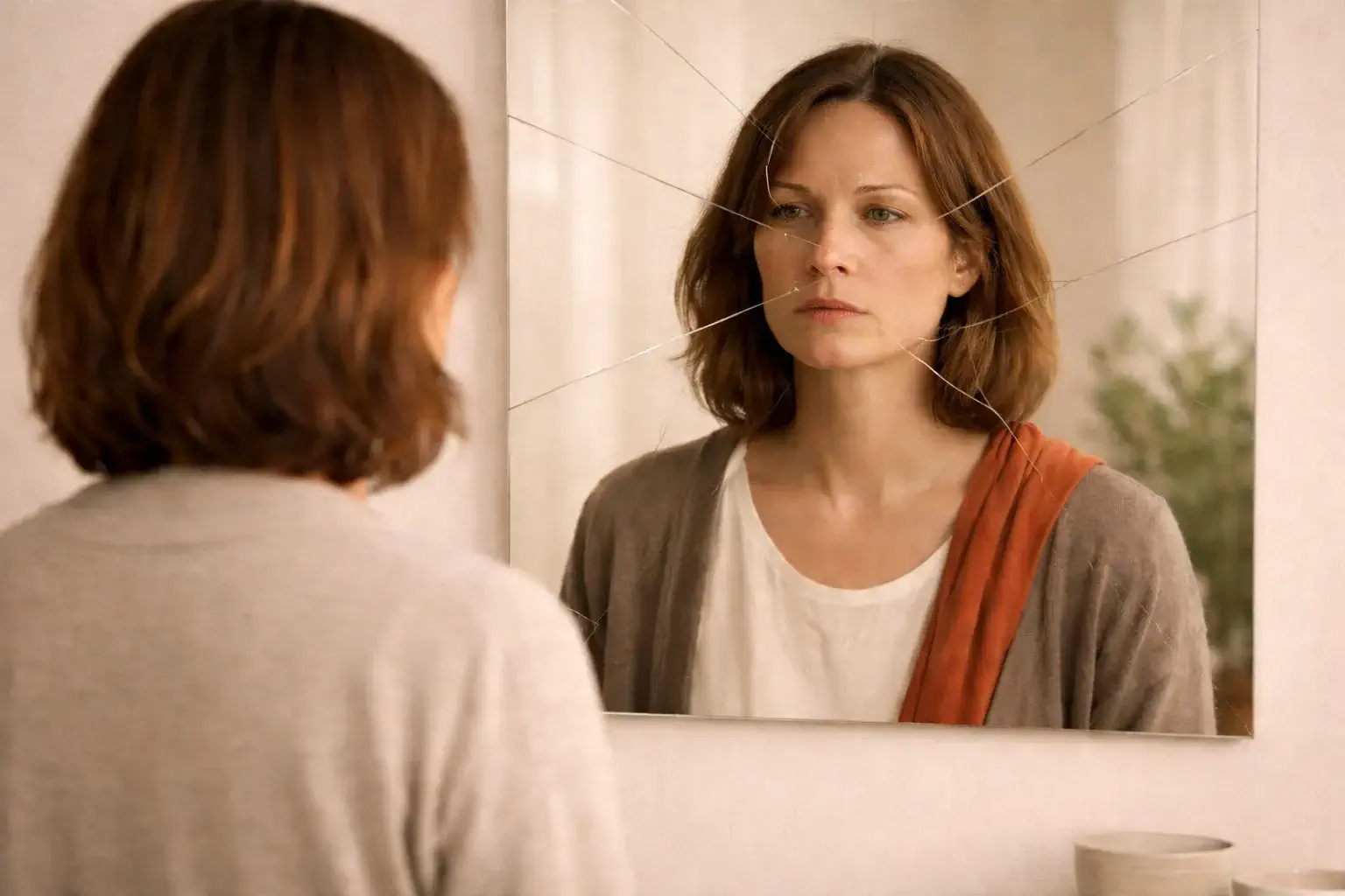 Burn-out ne plus se reconnaître : reflet fragmenté dans un miroir et perte de repères identitaires