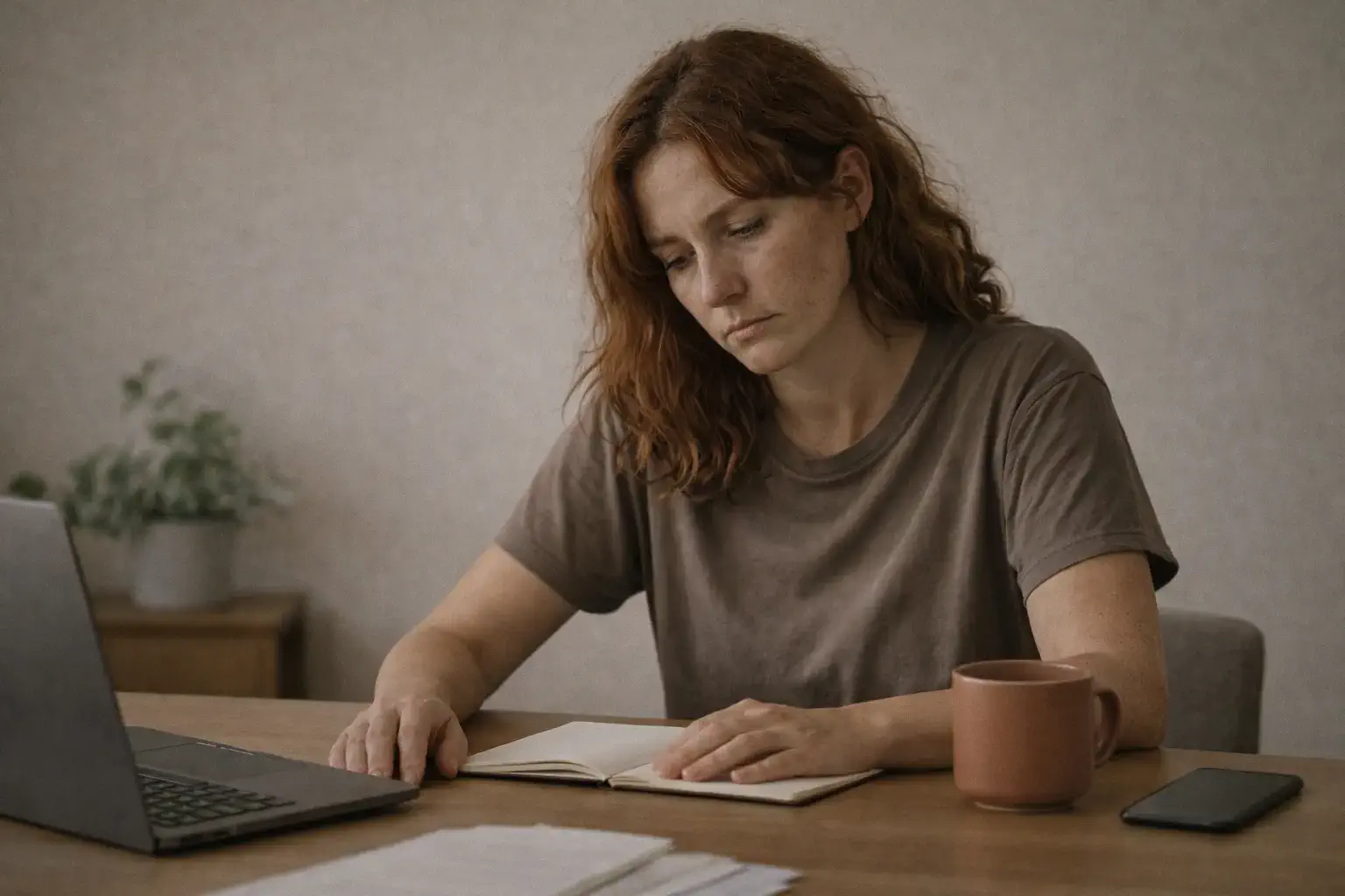 Femme fatiguée assise à une table dans un intérieur minimaliste, illustrant les actions concrètes pour prévenir le burn-out avant la rupture