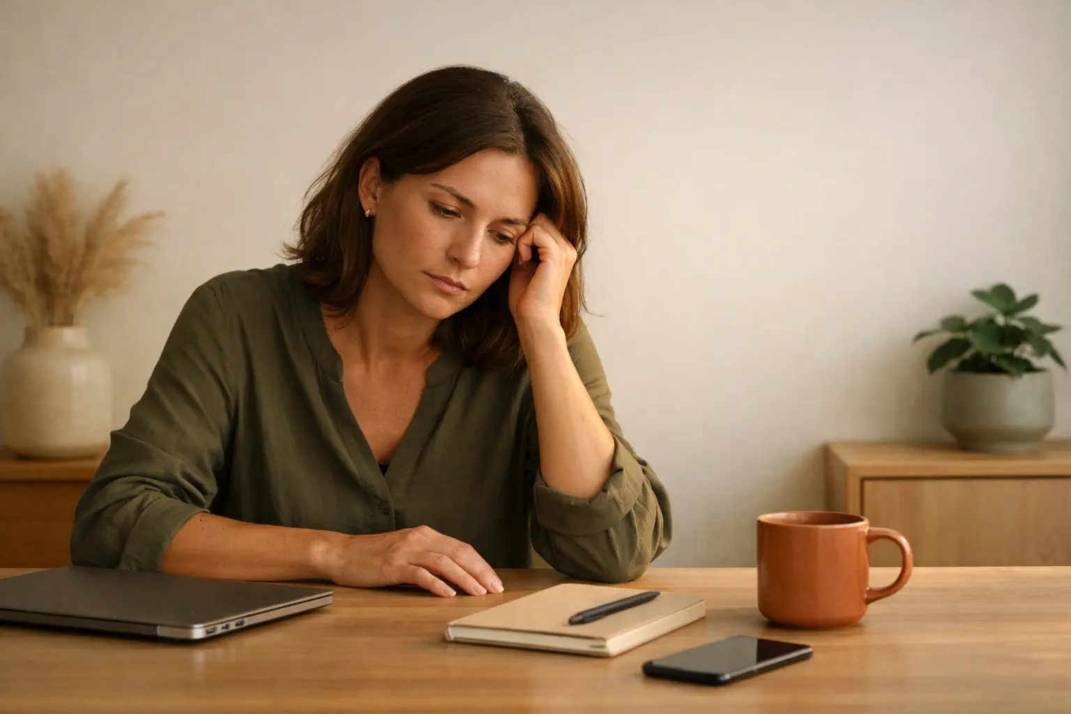 Femme assise à une table chez elle, l’air fatigué et préoccupé, devant un ordinateur fermé, un carnet et un téléphone, illustrant la charge mentale au travail et le burn-out.