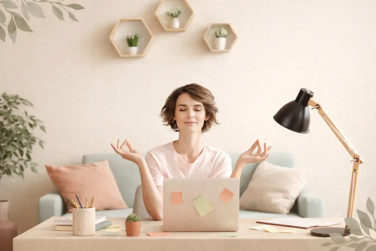 Femme assise à son bureau, calme et concentrée, illustrant un retour à un travail plus serein après un burn-out